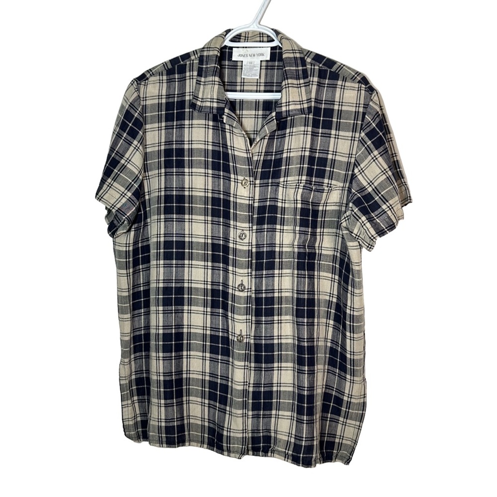 Jones New York Linen Blend Classic Plaid Button Down Shirt Navy Beige Size 14